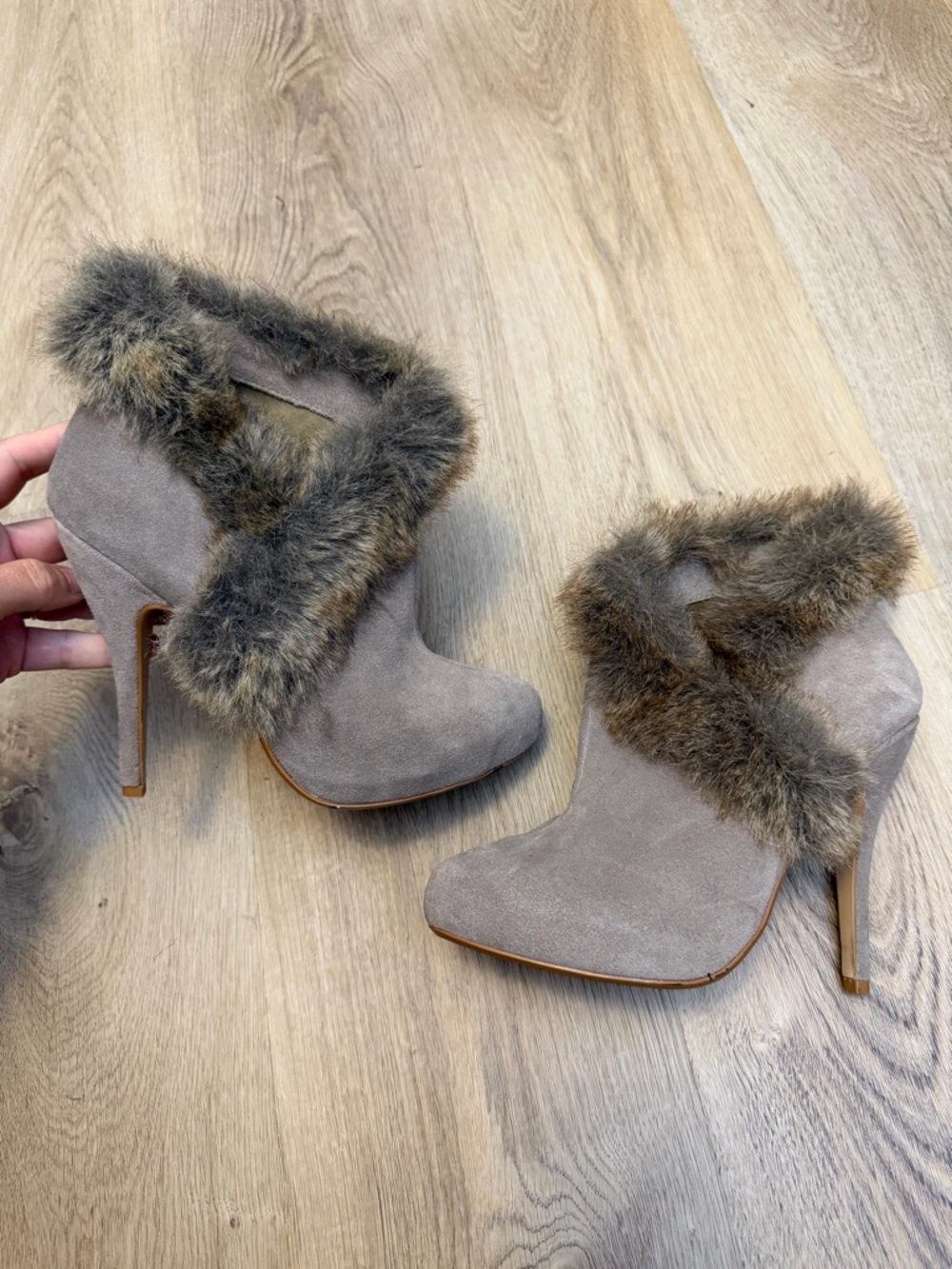Colin Stuart Taupe Suede Fur Trim High-Heel Booties - Picture 3 of 10